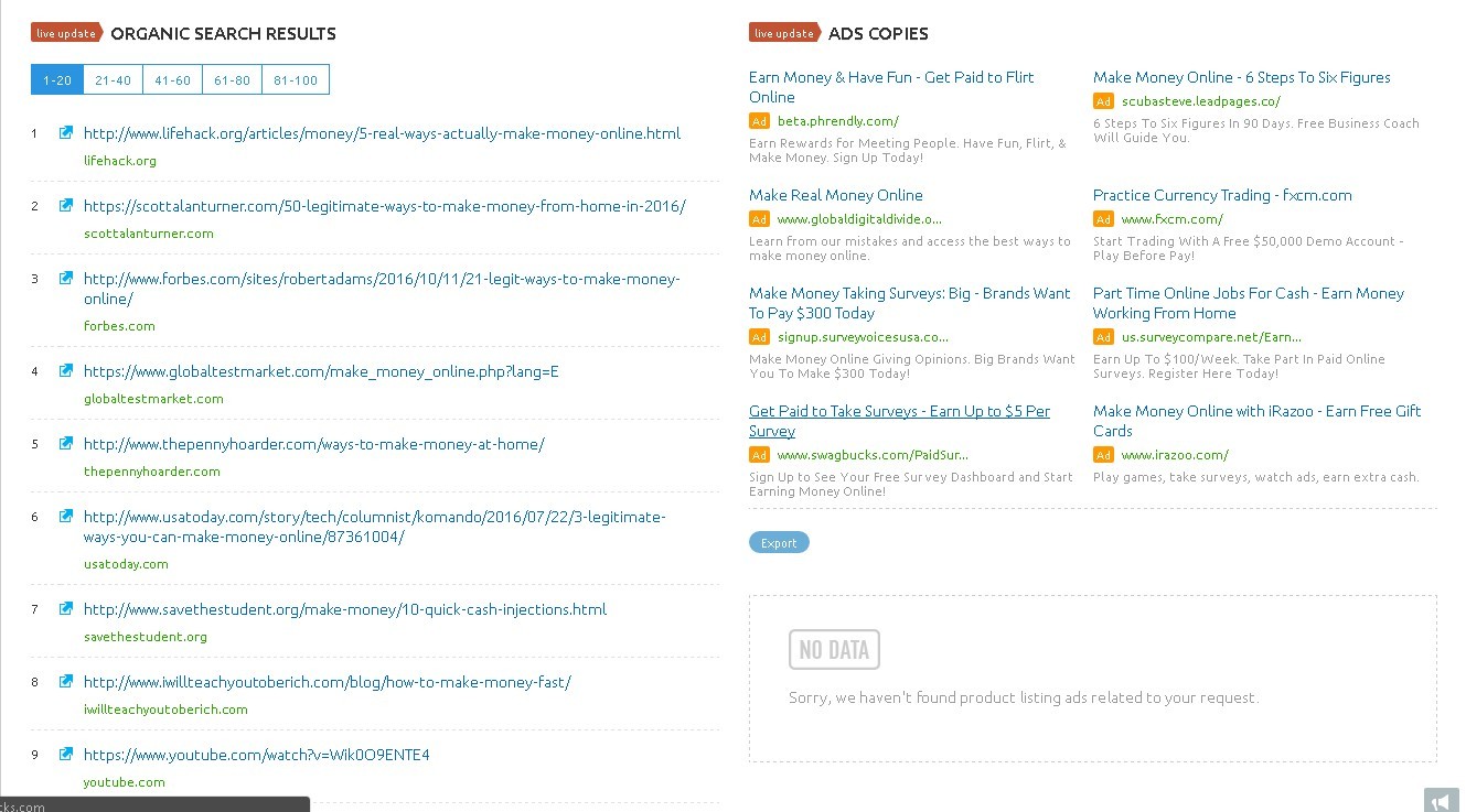 another screenshot of using the SEM rush keyword tool