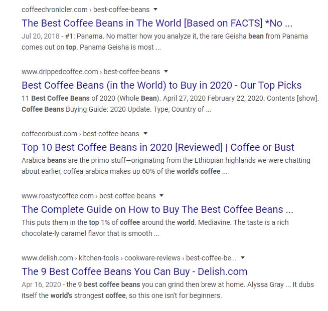 SERP results for Best Coffee Bean