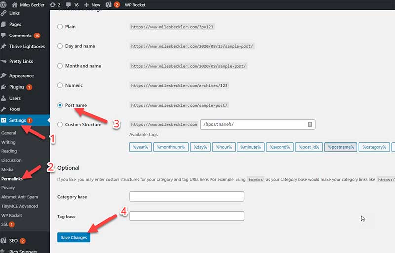 Settings and Permalinks Post Name