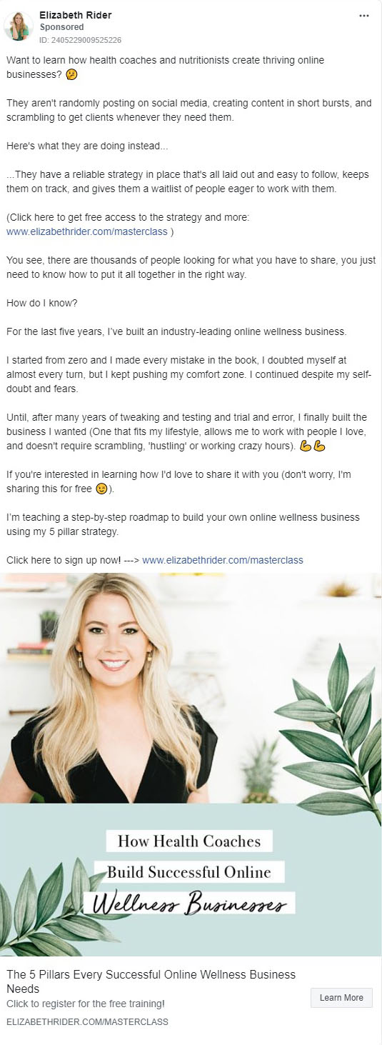Elizabeth Rider Facebook Ad