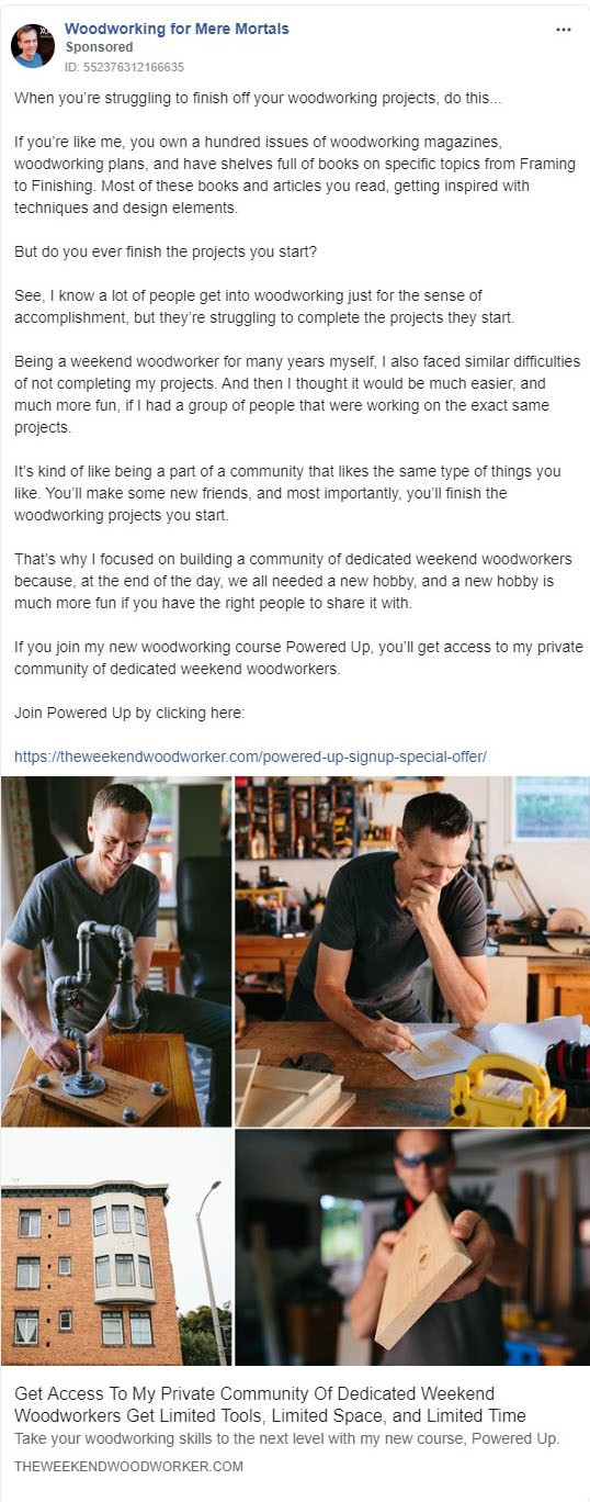 Woodworking for Mere Mortals Facebook Ad
