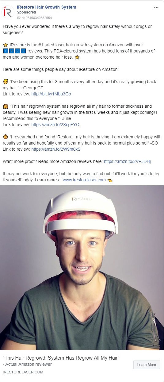 iRestore Hair Regrowth System Facebook Ad